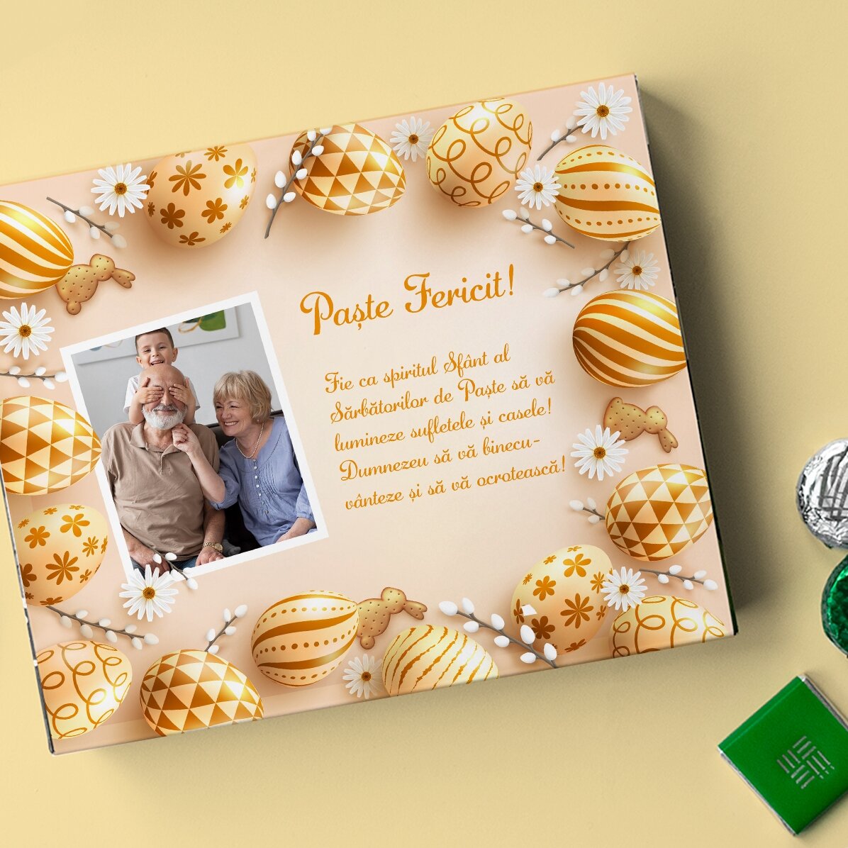 Individuell gestaltete Pralinenschachtel mit Foto und Botschaft – Frohe Ostern!