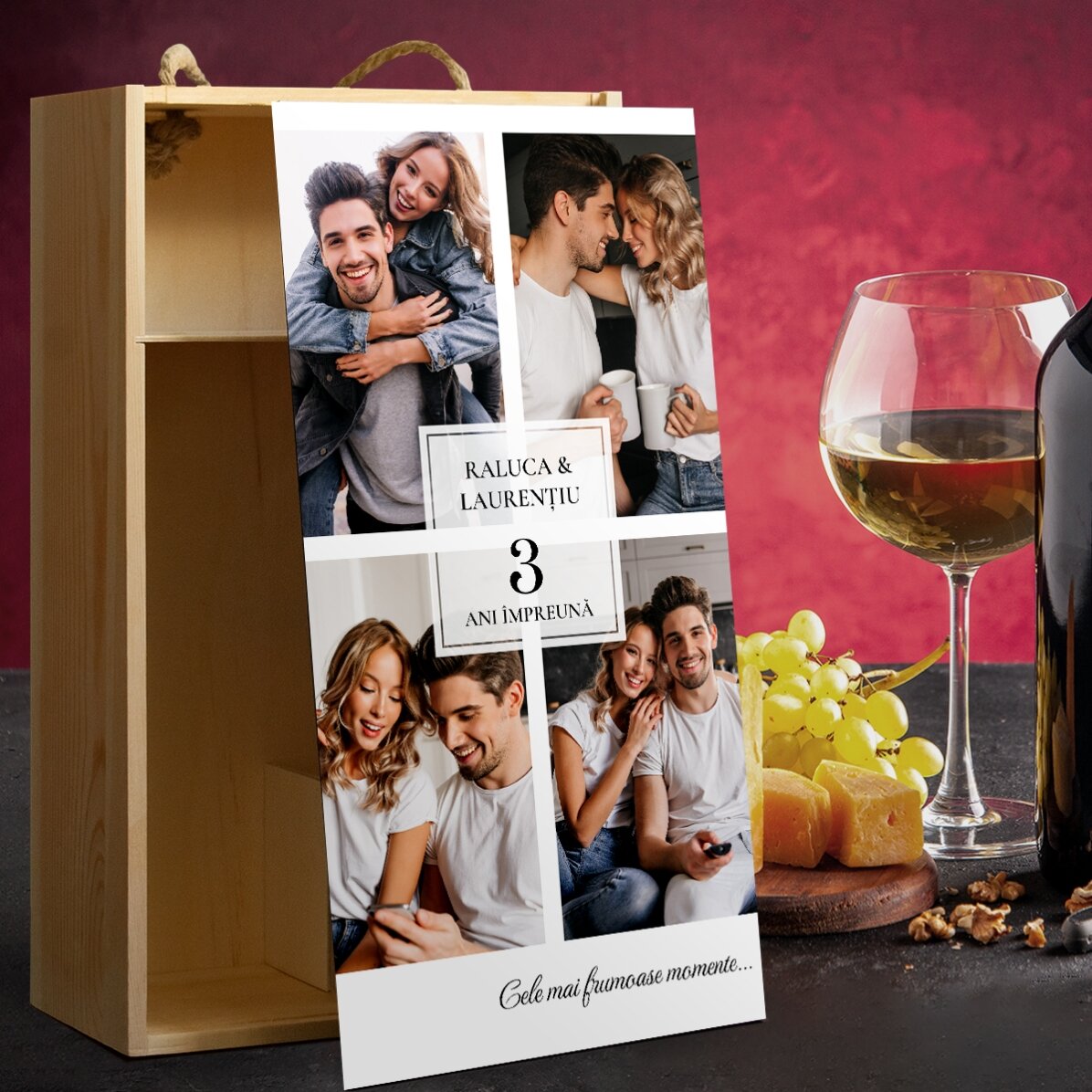 Weinkiste für 2 Flaschen, individuell gestaltet mit 4 Fotos und einem Text – Herzlichen Glückwunsch 
