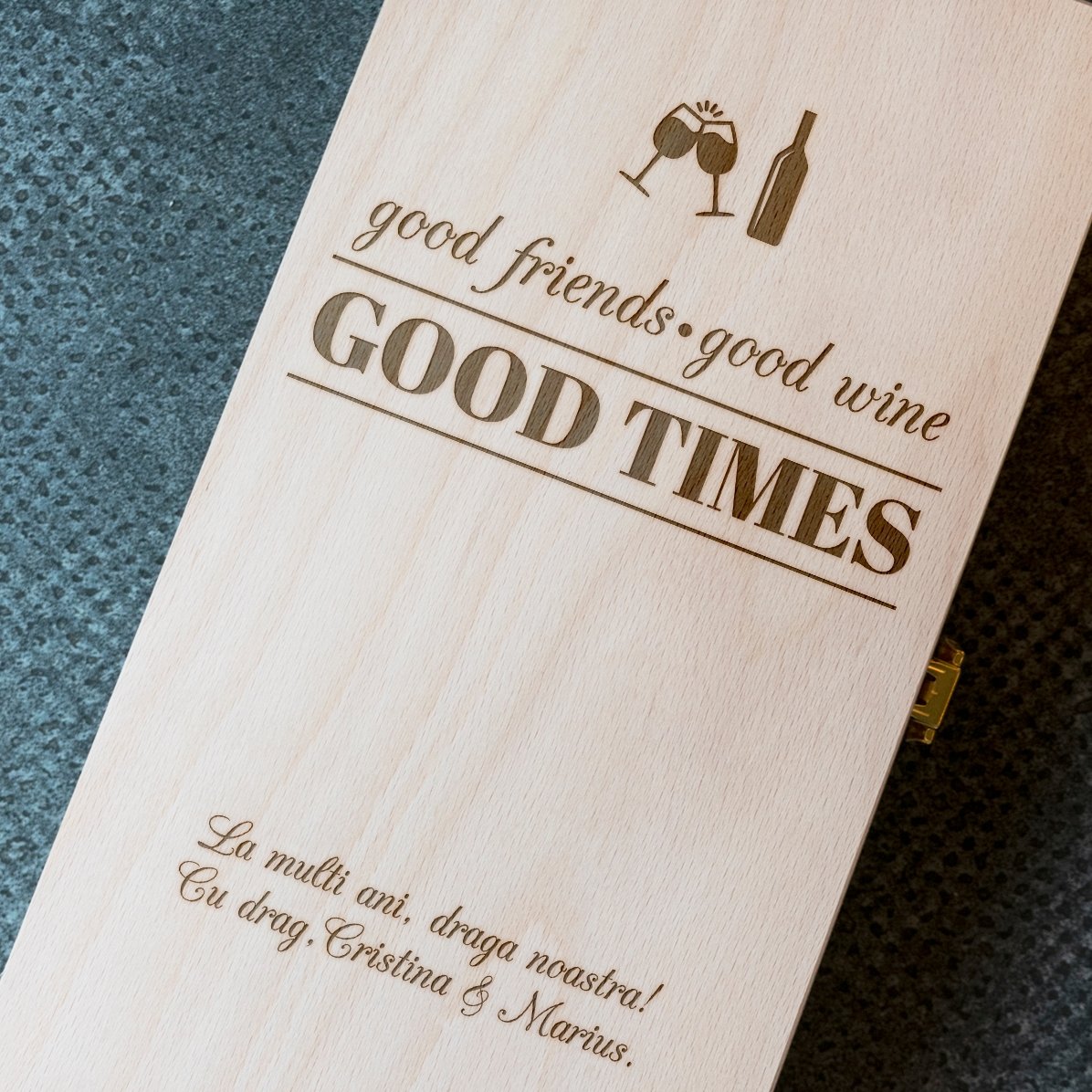 Personalisierte Weinkiste für zwei Flaschen – Good Friends, Good Wine, Good Times