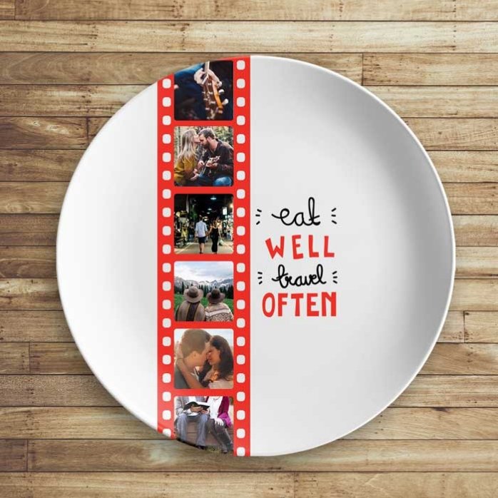 Personalisierter Teller mit 6 Fotos – Eat well, travel often