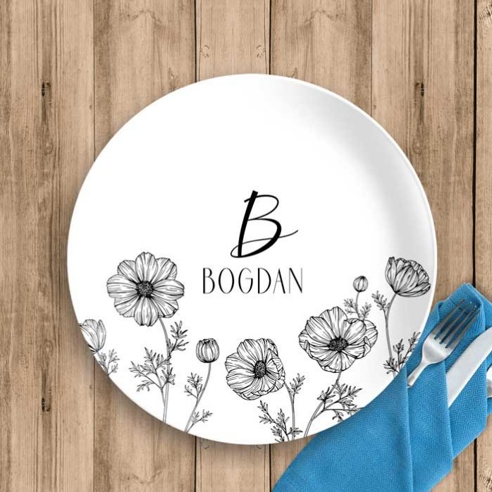 Personalisierter Teller mit Initiale und Text – Flowers