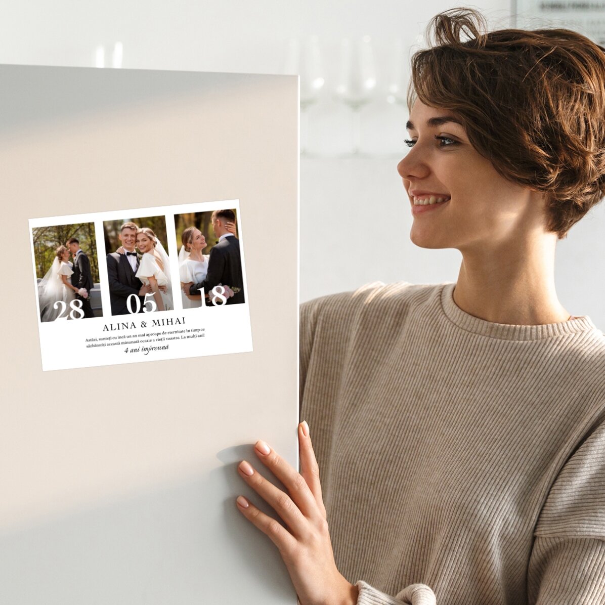 Personalisierte Magnetkarte mit 3 Fotos und Text zum Hochzeitstag