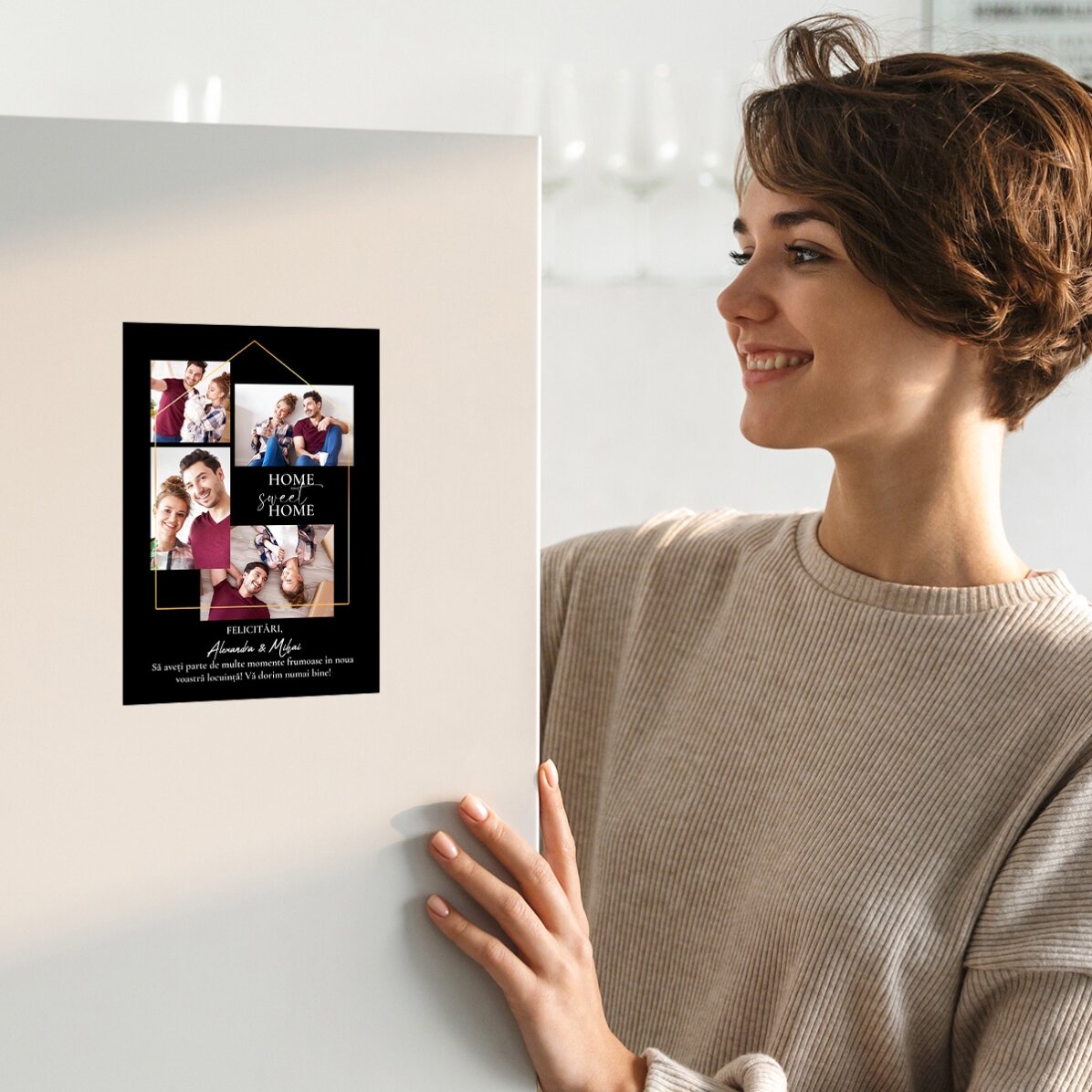 Personalisierte Magnetkarte mit 4 Fotos und Text zum Einzug in das neue Zuhause