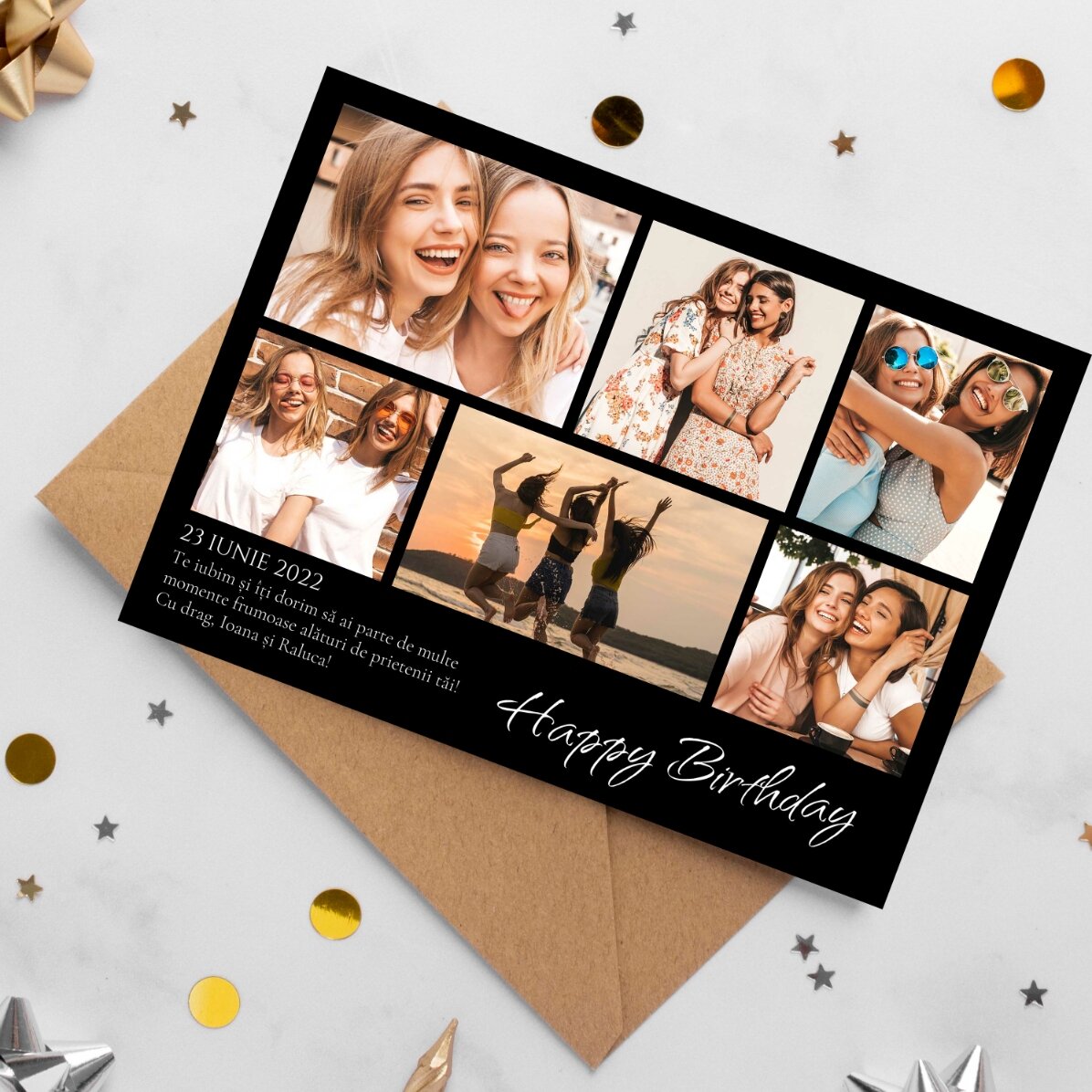 Personalisierte Magnetkarte mit 6 Fotos und farbigem Hintergrund