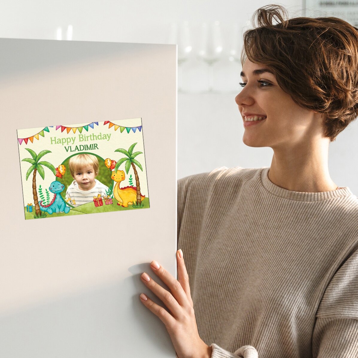 Personalisierte Magnetkarte mit Foto und Grußtext für Kinder – Dinosaurier