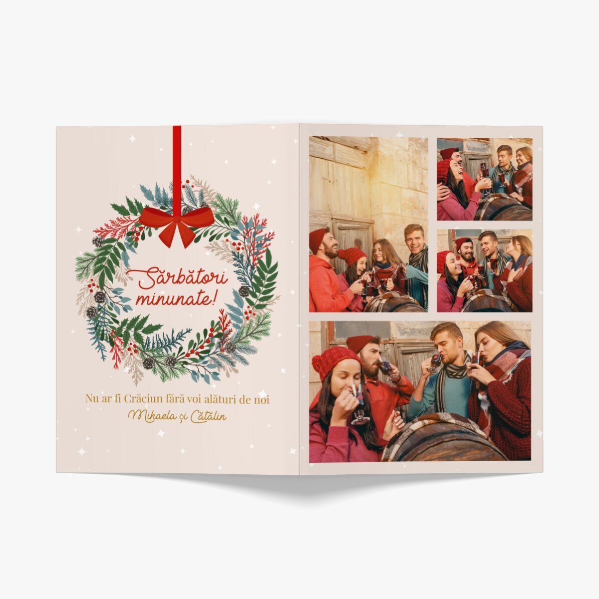 Personalisierte Grußkarte mit 4 Fotos und Text – Weihnachtskranz