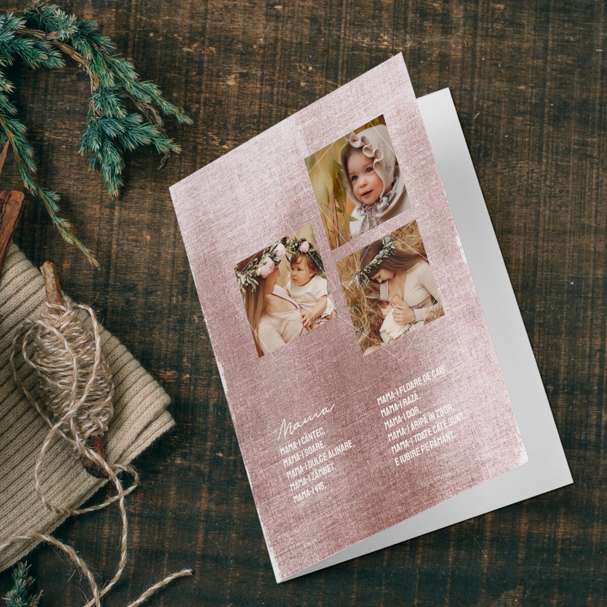 Personalisierte Grußkarte mit 3 Fotos und Text – „Tandra fiinta“