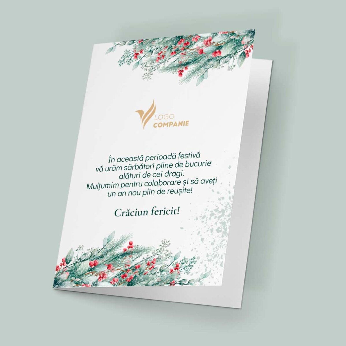 Personalisierte Grußkarte, Vorderseite und Rückseite mit Text und Logo – Frohe Weihnachten!