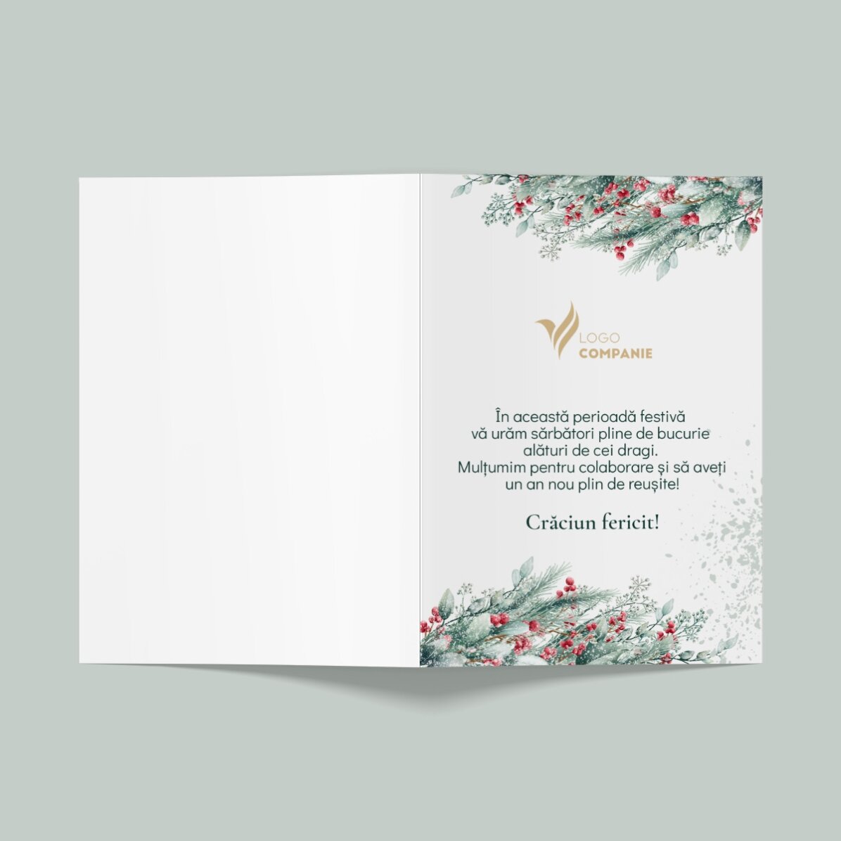 Personalisierte Grußkarte, Vorderseite und Rückseite mit Text und Logo – Frohe Weihnachten!