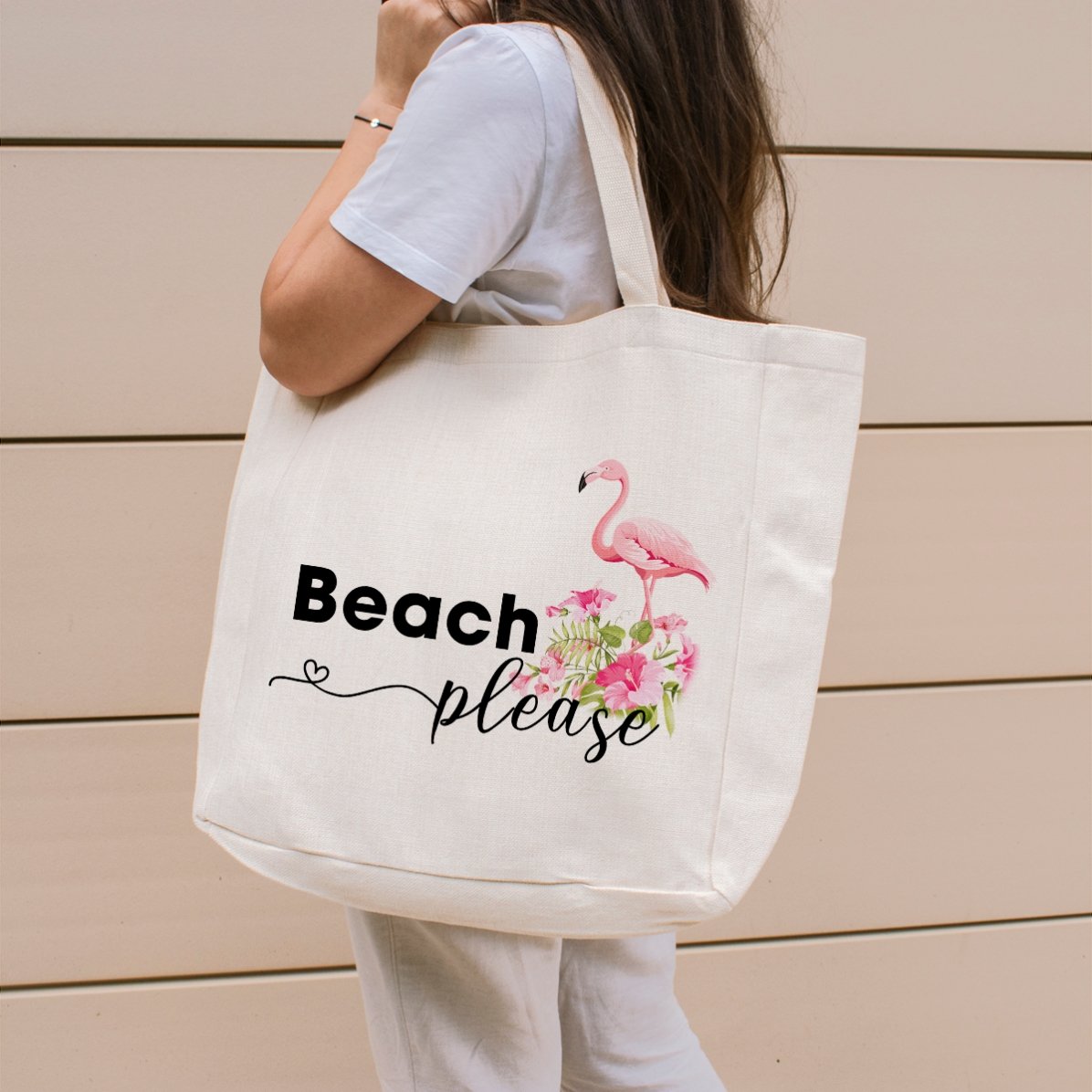 Personalisierte Strandtasche mit Schriftzug – Modell „Beach please“ mit Flamingo-Motiv