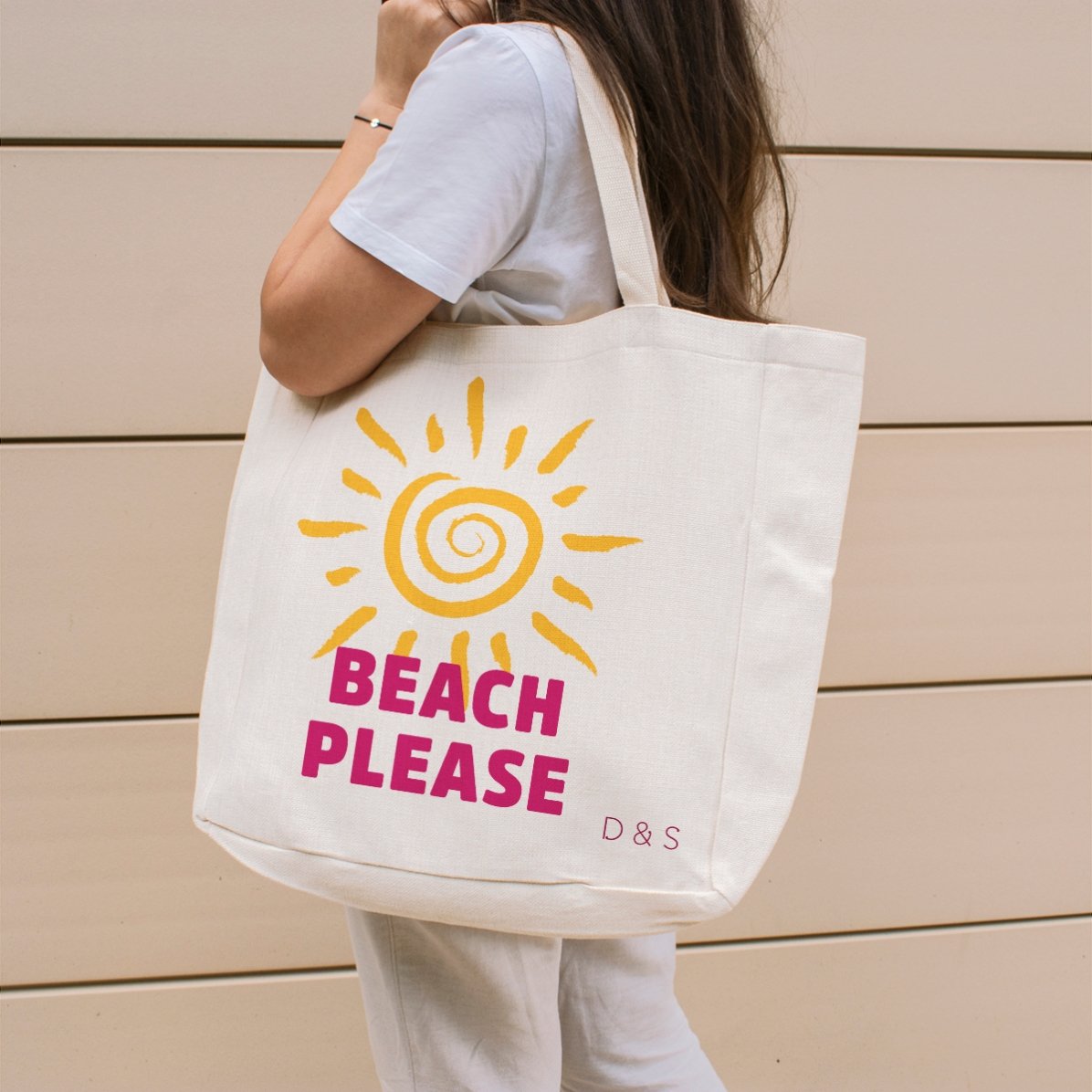 Personalisierte Strandtasche mit Schriftzug – „Beach please“, Modell „Sonne“