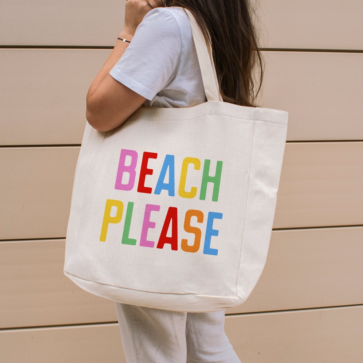 Personalisierte Strandtasche mit Schriftzug – „Beach please“, mehrfarbig