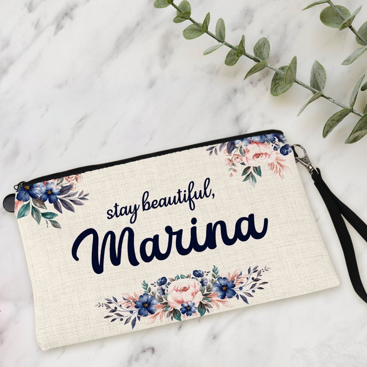 Personalisierte Accessoire-Tasche mit Text – Floral