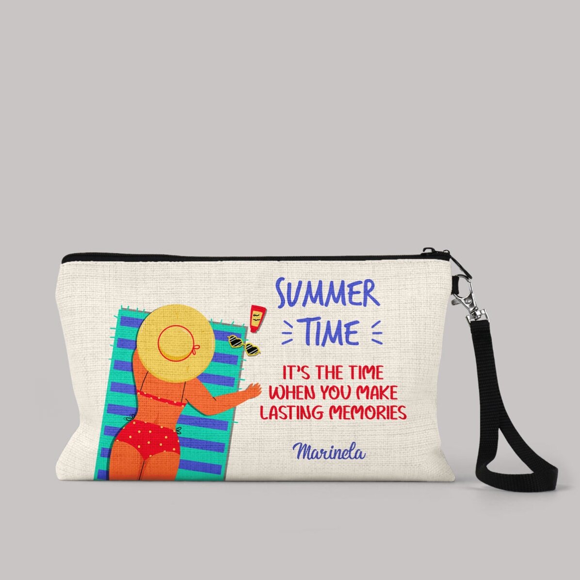 Personalisierte Accessoire-Tasche mit Schriftzug – On the beach