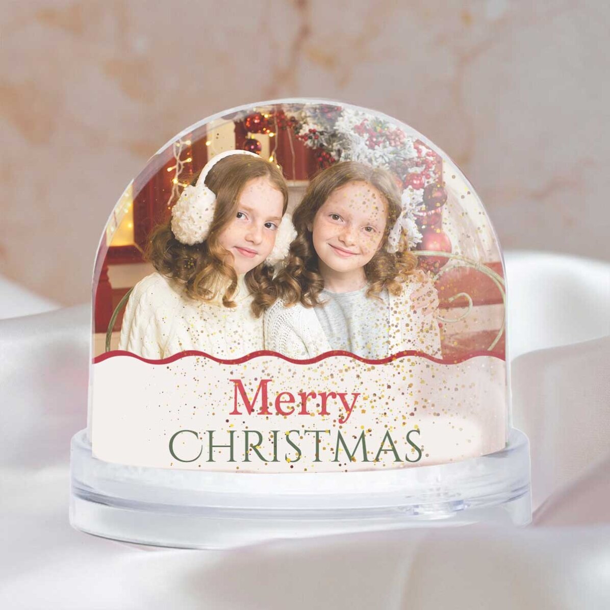 Personalisierter Schreibtischglobus mit einer Botschaft und 2 Fotos – Frohe Weihnachten!