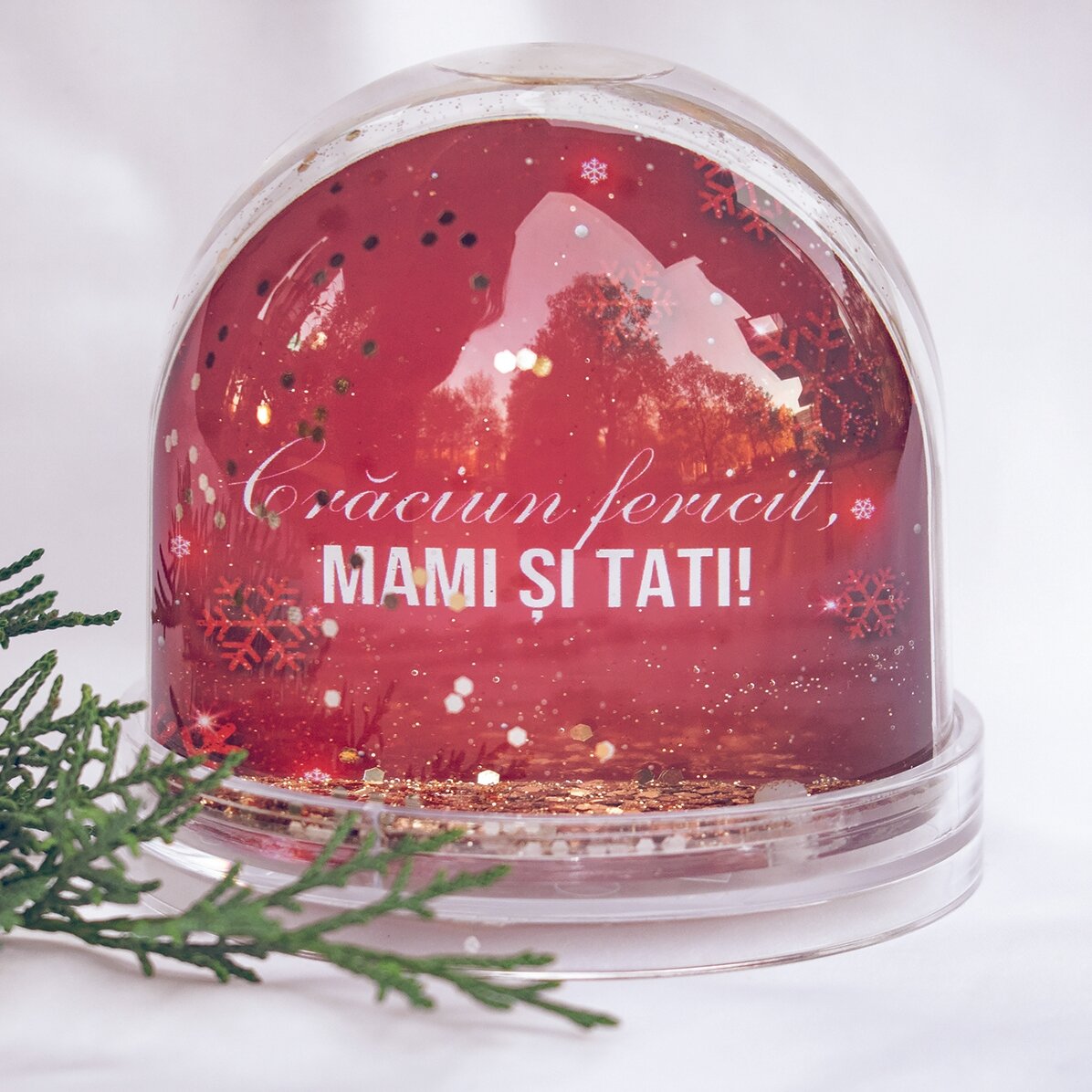 Personalisierte Schreibtischkugel mit Foto und Botschaft – Frohe Weihnachten!