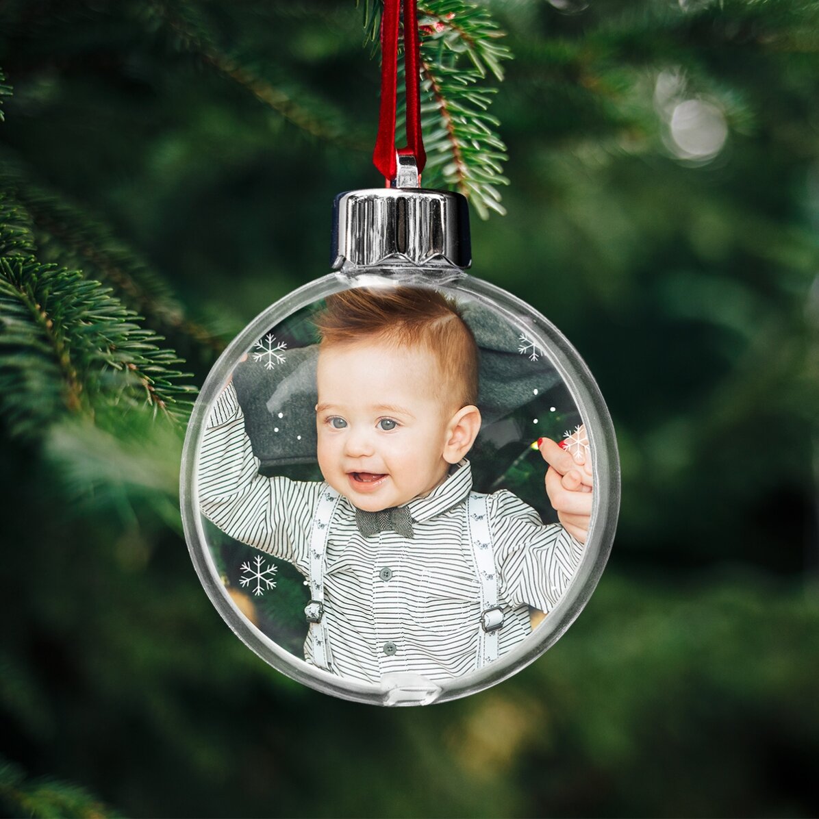 Individuell gestaltete, beidseitig bedruckte, transparente Kugel mit Text und Foto – Weihnachten mit