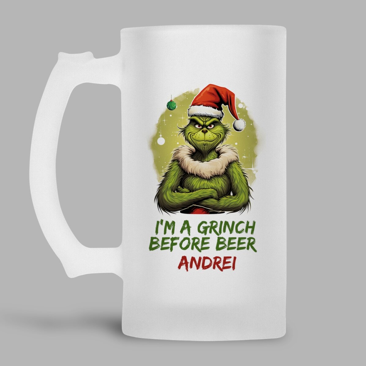 Personalisierter Bierkrug mit Aufdruck – „Grinch before beer“