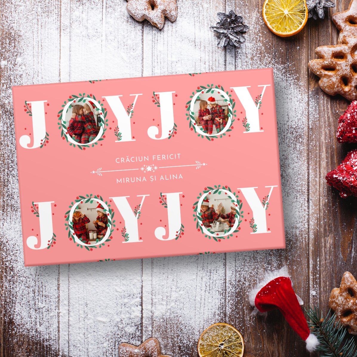 Individuell gestaltetes Geschenkpapier mit 12 Fotos und Text – Joy
