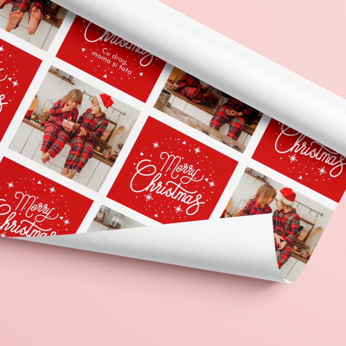 Individuell gestaltetes Geschenkpapier mit 12 Fotos und Text – Weihnachtsmotive und -botschaften