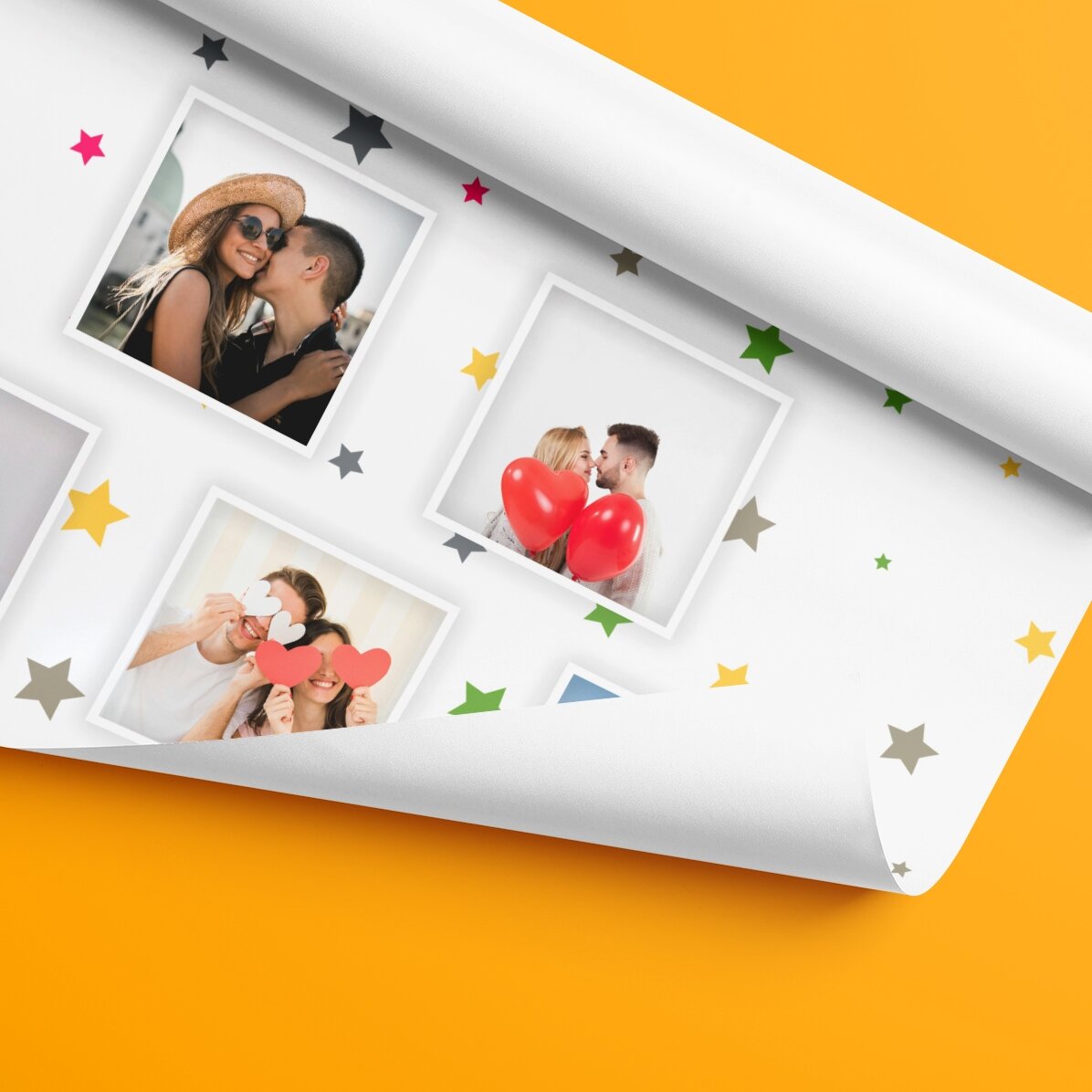 Individuell gestaltetes Geschenkpapier mit 13 Fotos und einem Hintergrund aus bunten Sternchen