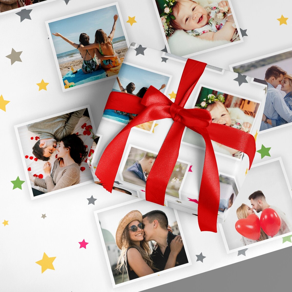 Individuell gestaltetes Geschenkpapier mit 13 Fotos und einem Hintergrund aus bunten Sternchen
