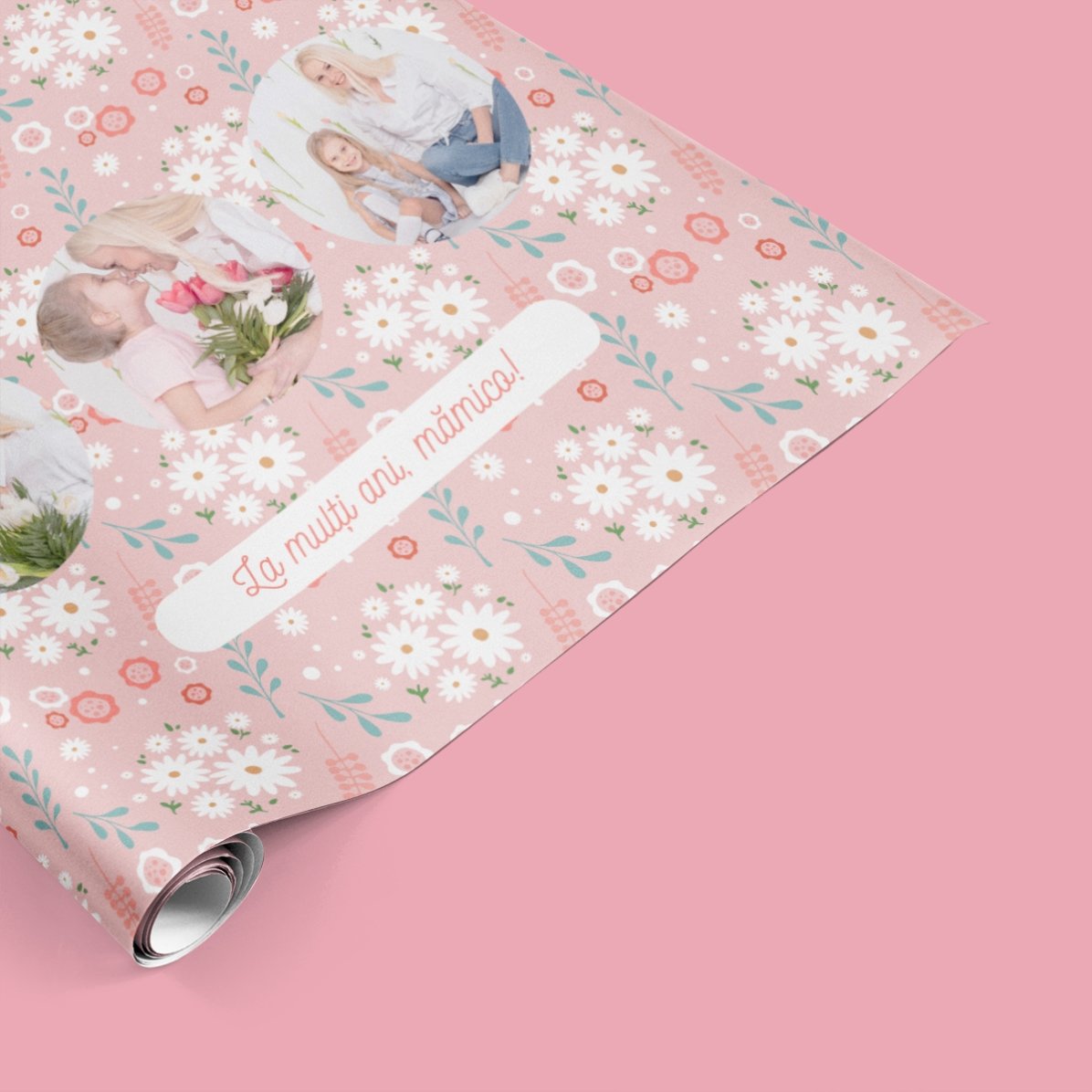 Individuell gestaltetes Geschenkpapier mit 3 Fotos und Text – Frühlingsblumen
