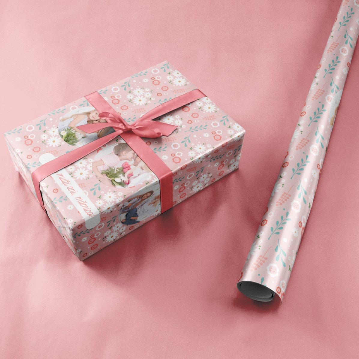 Individuell gestaltetes Geschenkpapier mit 3 Fotos und Text – Frühlingsblumen