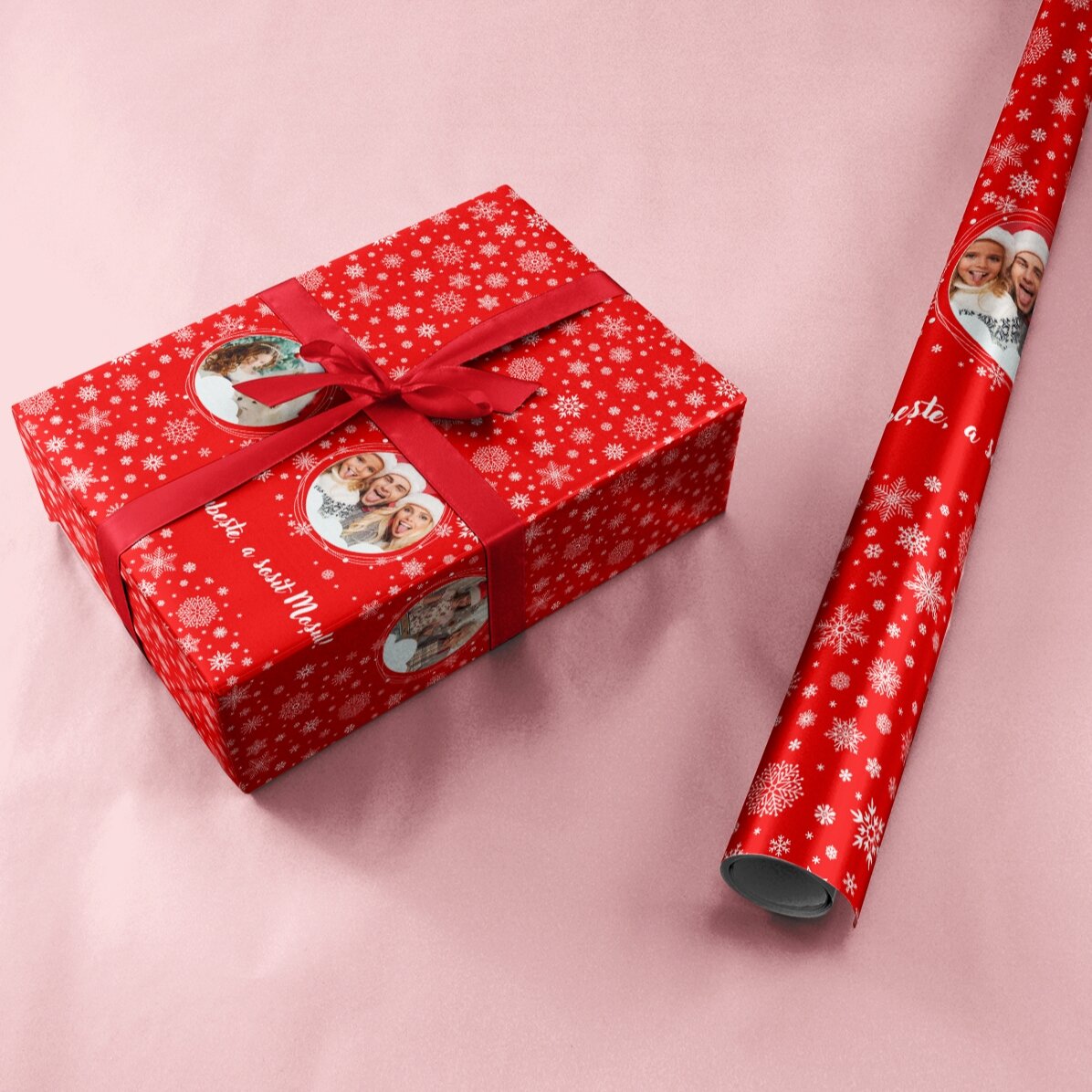 Individuell gestaltetes Geschenkpapier mit 3 Fotos und Text – Schneeflocken