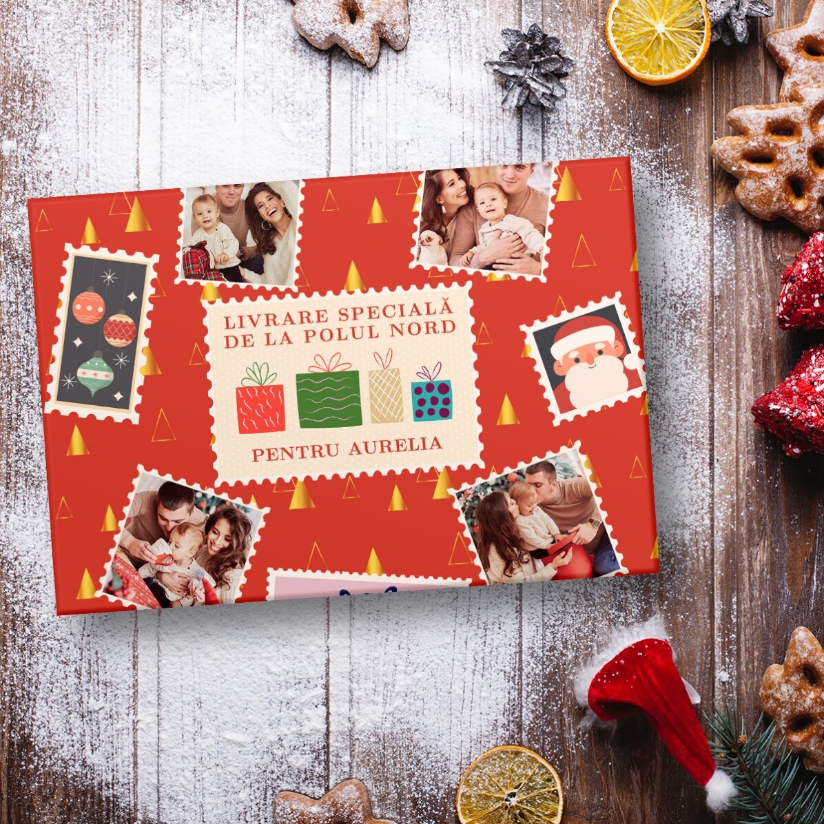 Individuell gestaltetes Geschenkpapier mit 4 Fotos und Text – Weihnachtsbriefmarken