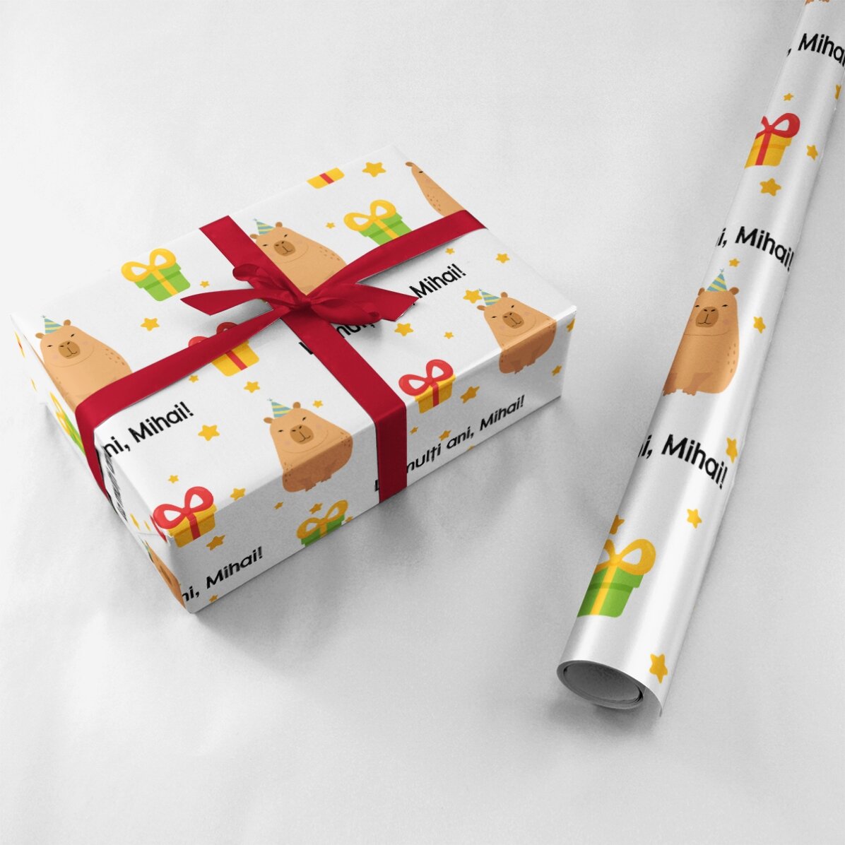 Individuell gestaltetes Geschenkpapier mit Text – Capybara zum Geburtstag