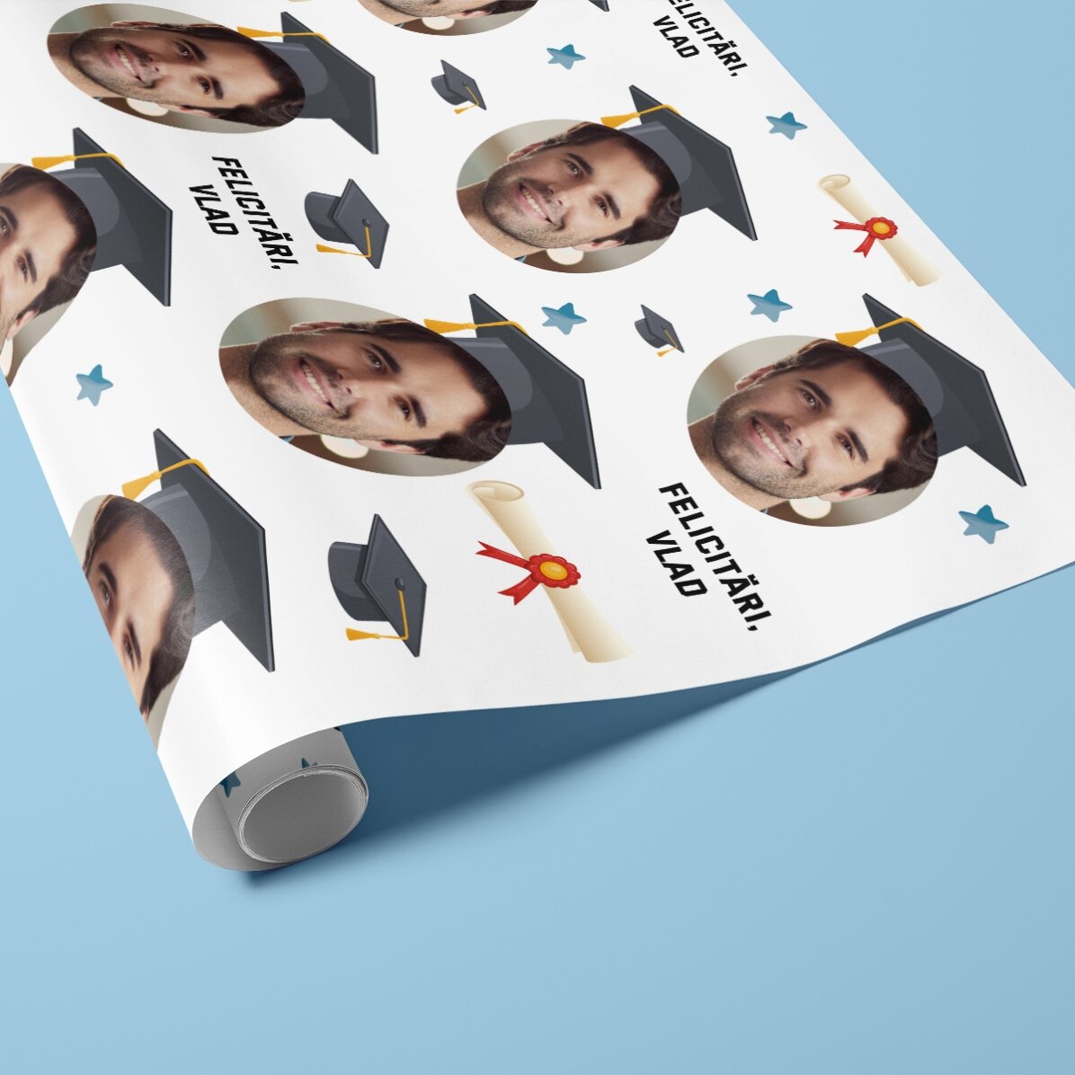 Individuell gestaltetes Geschenkpapier mit Foto und Text – Schulabschluss