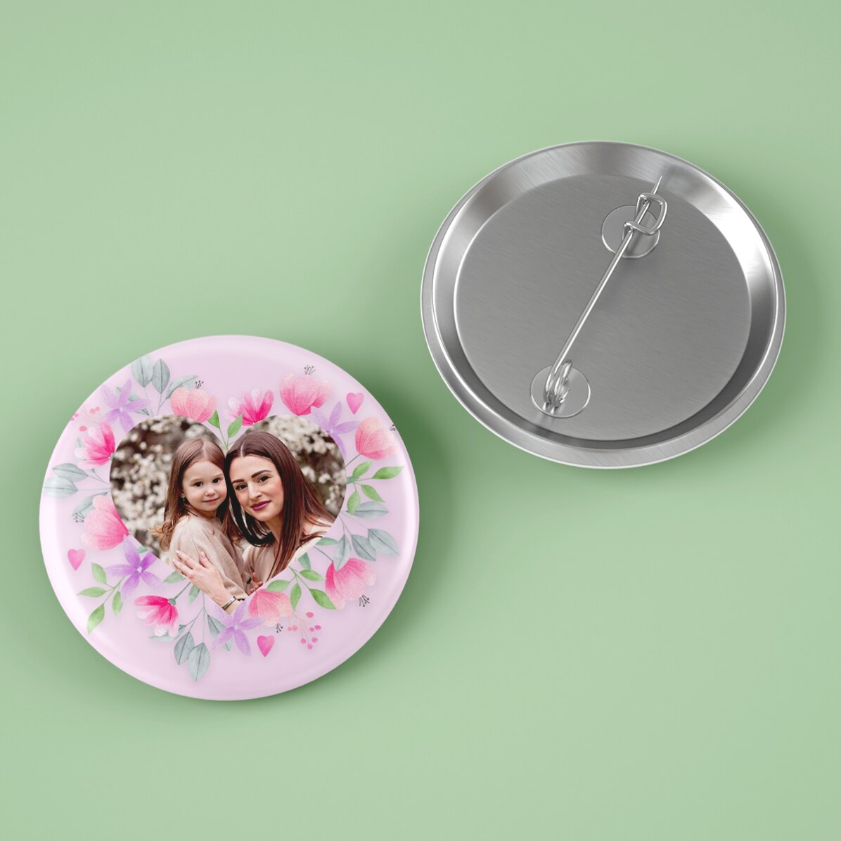 Personalisiertes Button mit Foto – Rosa Blumen