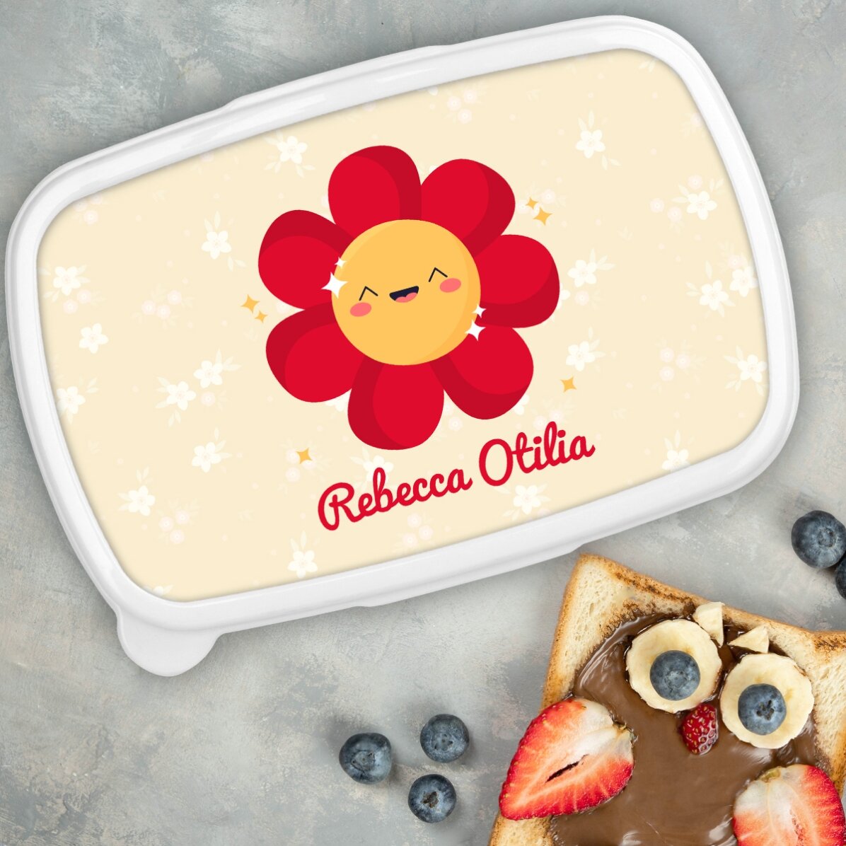 Lunchbox, personalisierte Auflaufform mit Namen – Modell „Bunte Blumen“