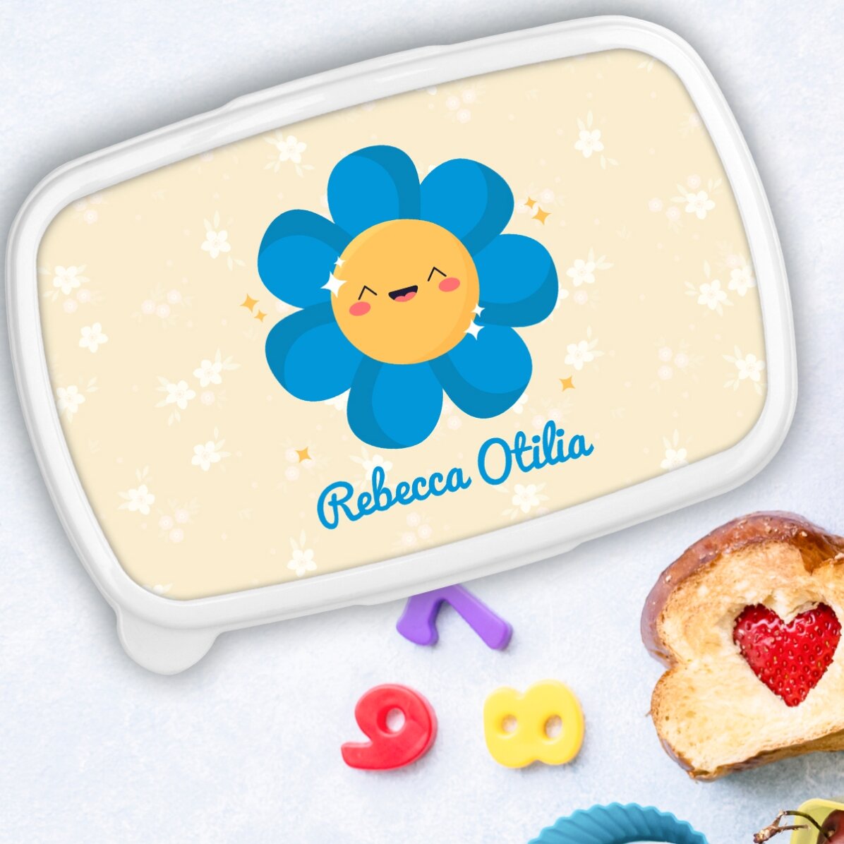 Lunchbox, personalisierte Auflaufform mit Namen – Modell „Bunte Blumen“