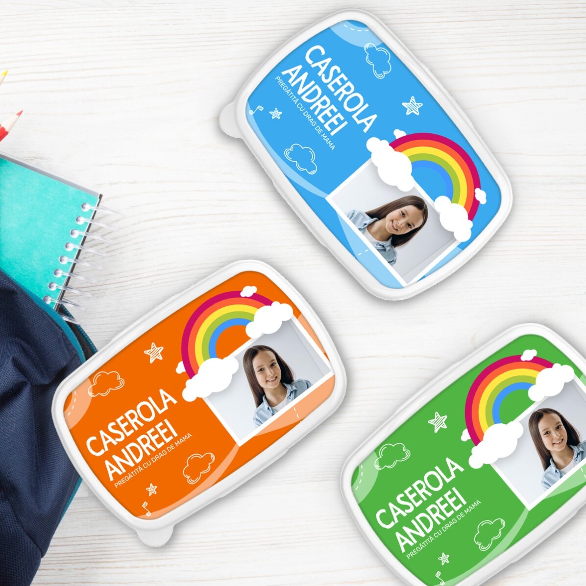 Lunchbox, personalisierte Auflaufform mit Foto und Namen – Modell „Regenbogen“