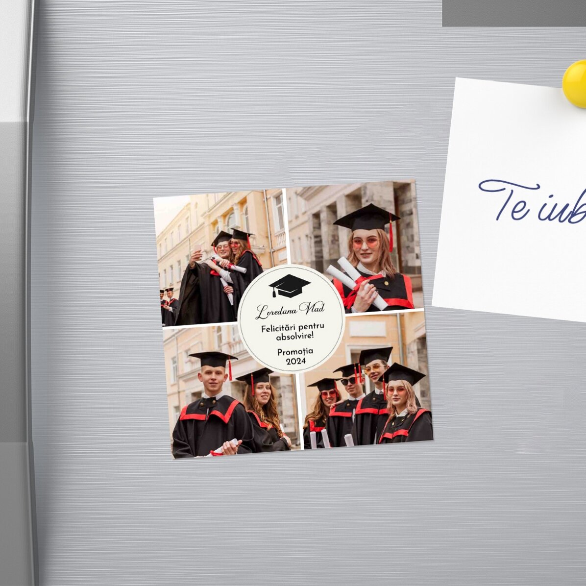 Individuell gestalteter Magnet (10 x 10 cm) mit 4 Fotos und Text – Schulabschluss