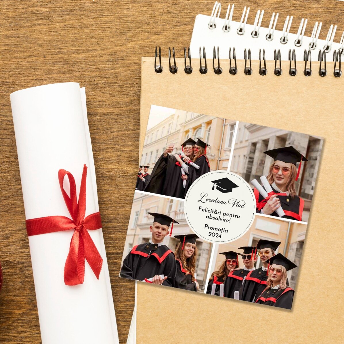 Individuell gestalteter Magnet (10 x 10 cm) mit 4 Fotos und Text – Schulabschluss