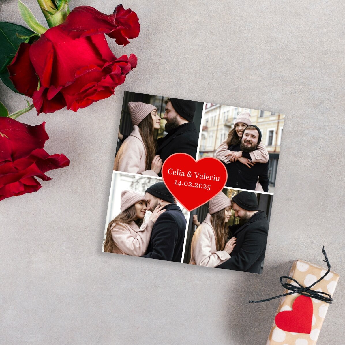 Individuell gestalteter Magnet 10x10 mit 4 Fotos und Text – Herz