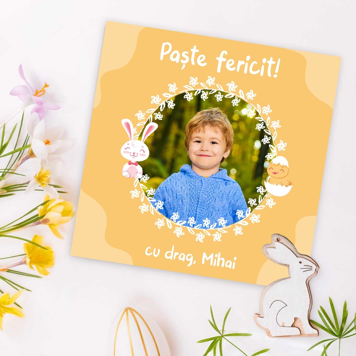 Individuell gestalteter 10x10-Magnet mit einem Foto und einer Osterbotschaft