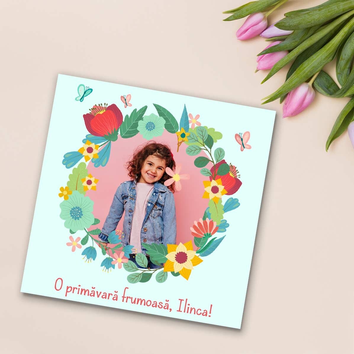 Individuell gestalteter Magnet (10 x 10) mit Foto und Text – Blumen