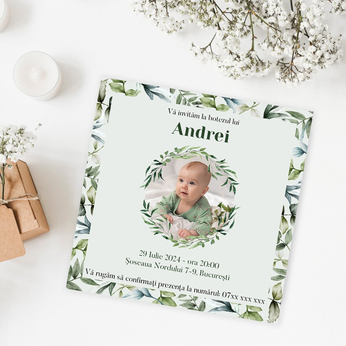 Individuell gestalteter Magnet (10 x 10) mit Foto und Text – Einladung zur Taufe
