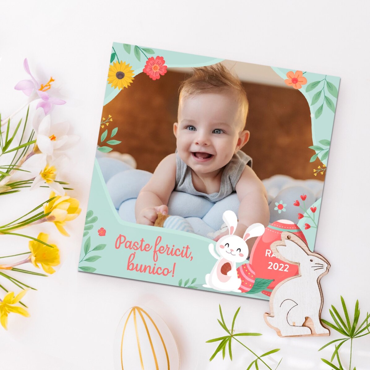 Individuell gestalteter Magnet (10 x 10) mit Foto und Text – Frohe Ostern