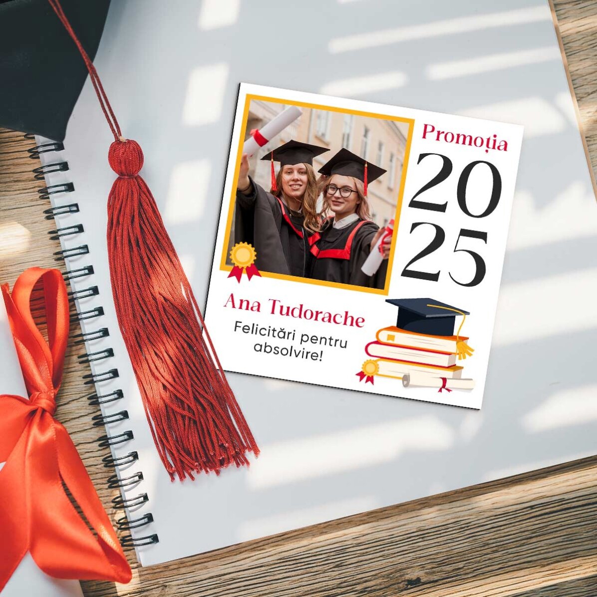 Individuell gestalteter Magnet 10x10 mit Foto und Botschaft – Schulabschluss