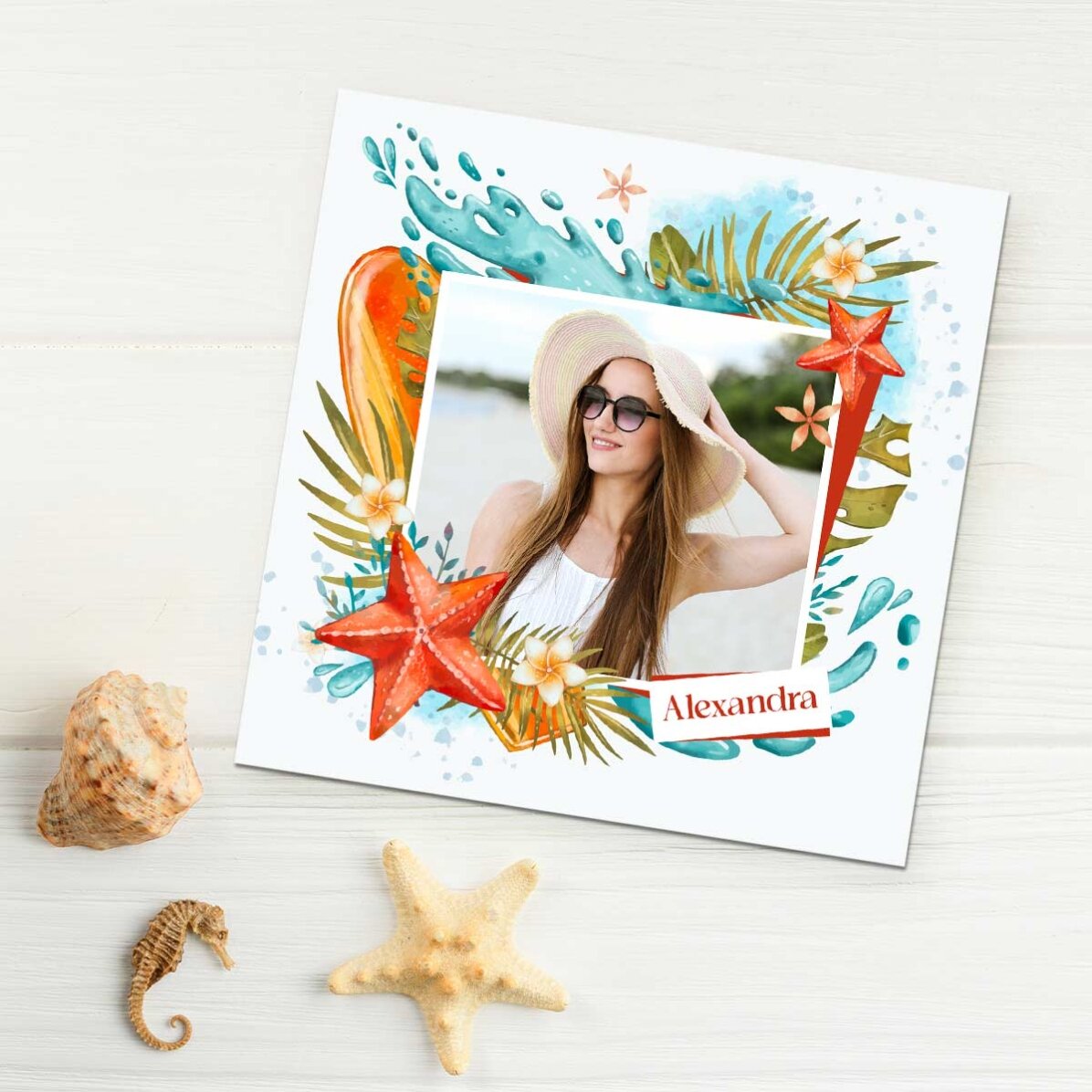Individuell gestalteter Magnet 10x10 mit Foto und Namen – Urlaub