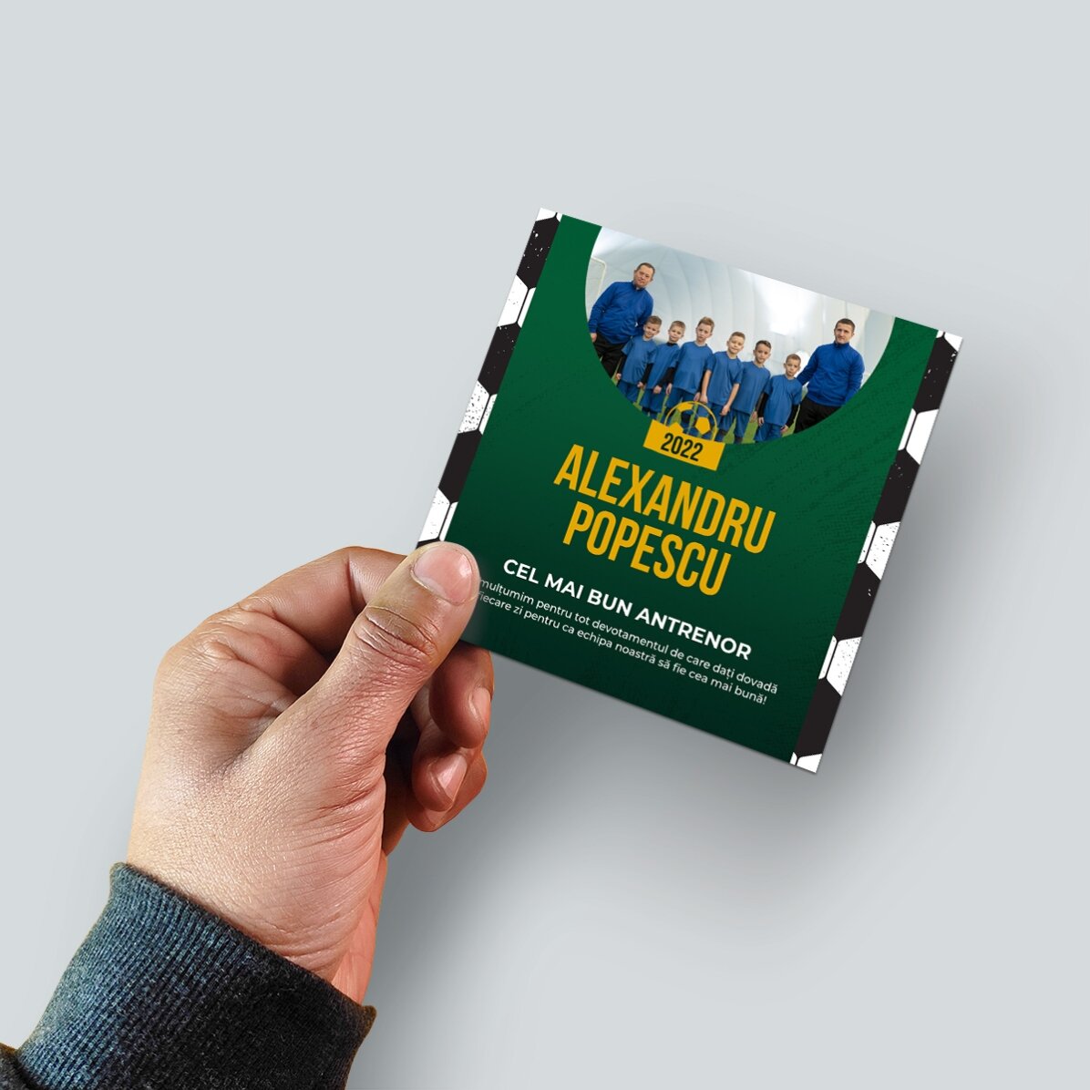 Individuell gestalteter 10x10-Magnet mit Foto und Text – Fußball