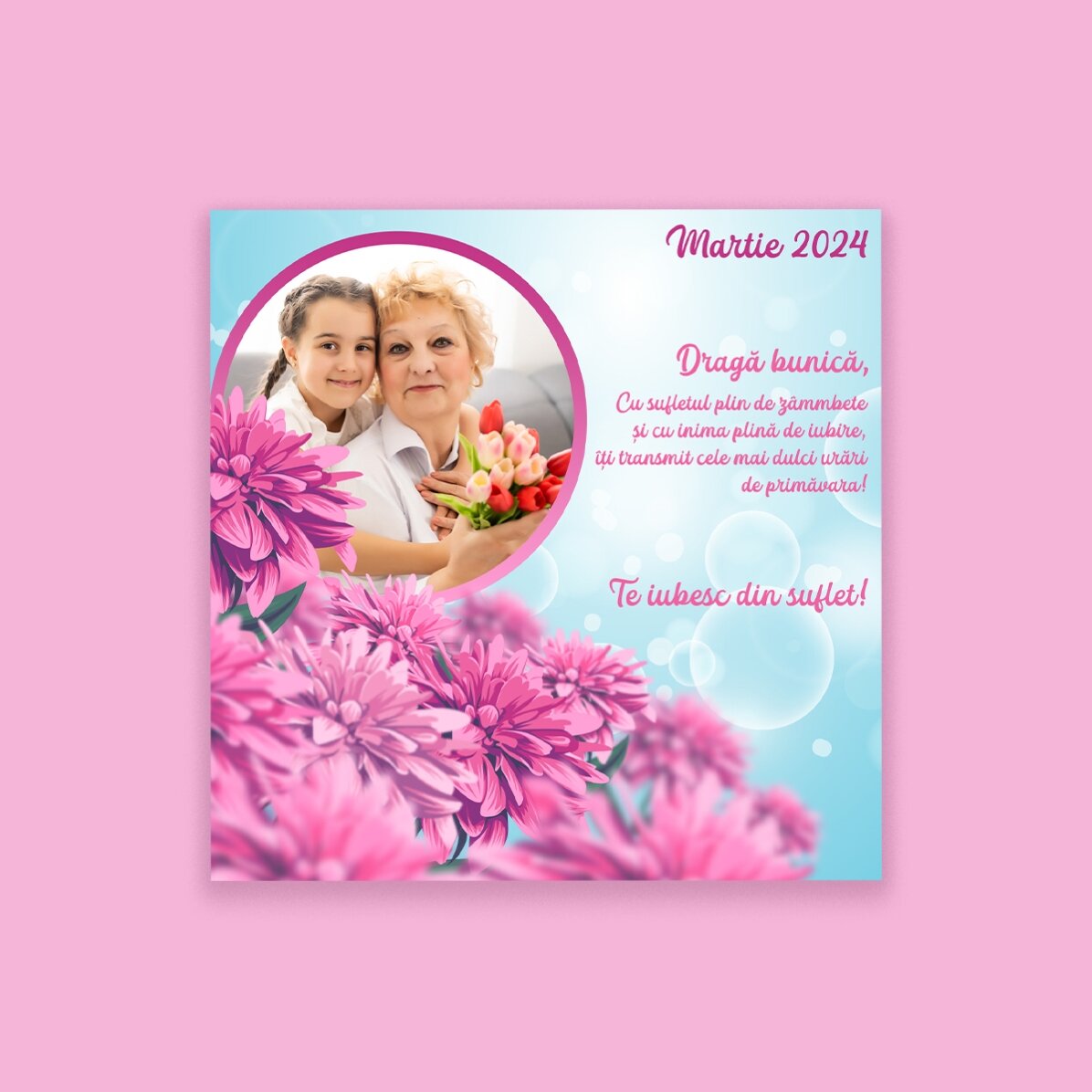 Individuell gestalteter Magnet 10x10 mit Foto und Text – Rosa Frühling