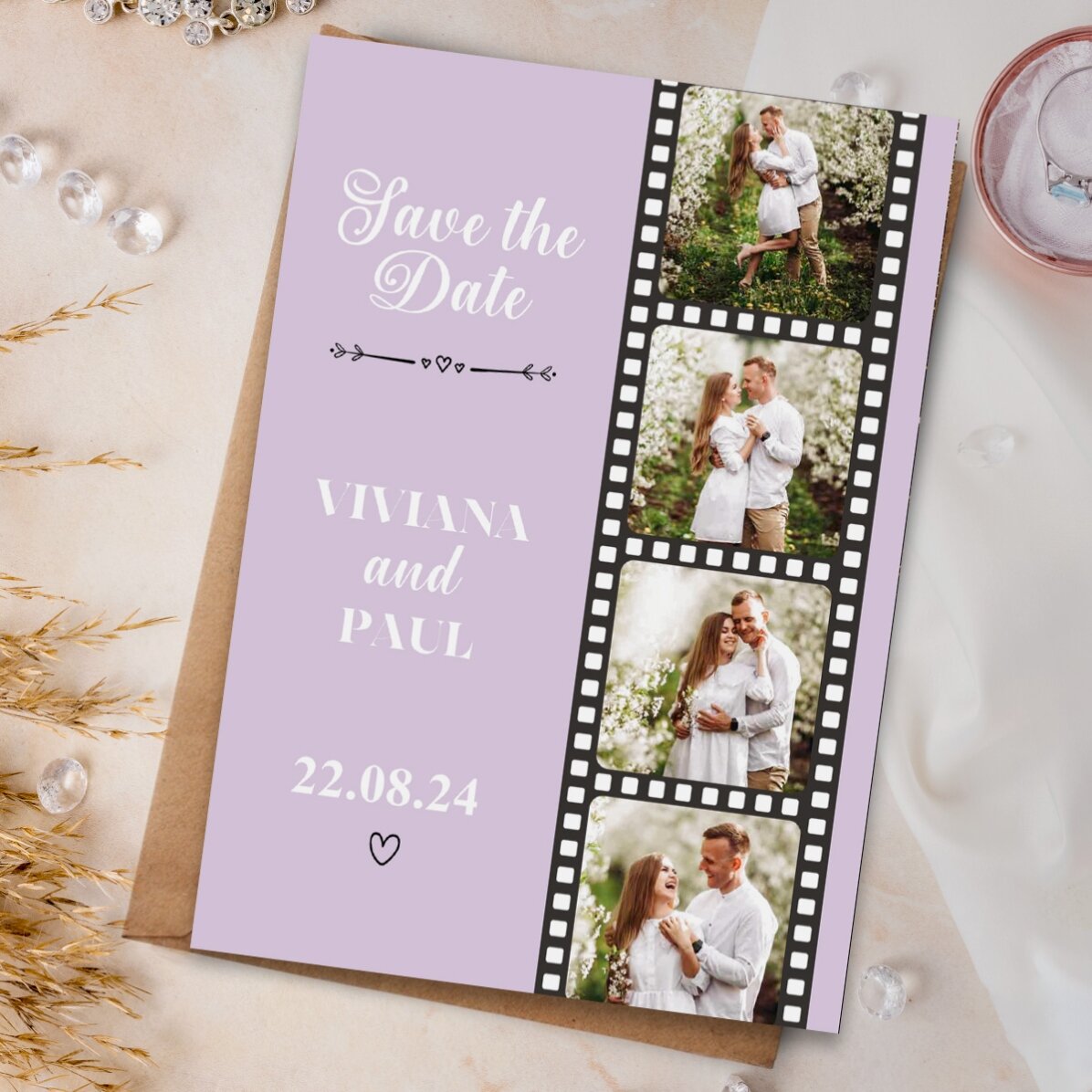 Individuell gestalteter Magnet (10 x 15 cm) mit 4 Fotos und Text – Save the date