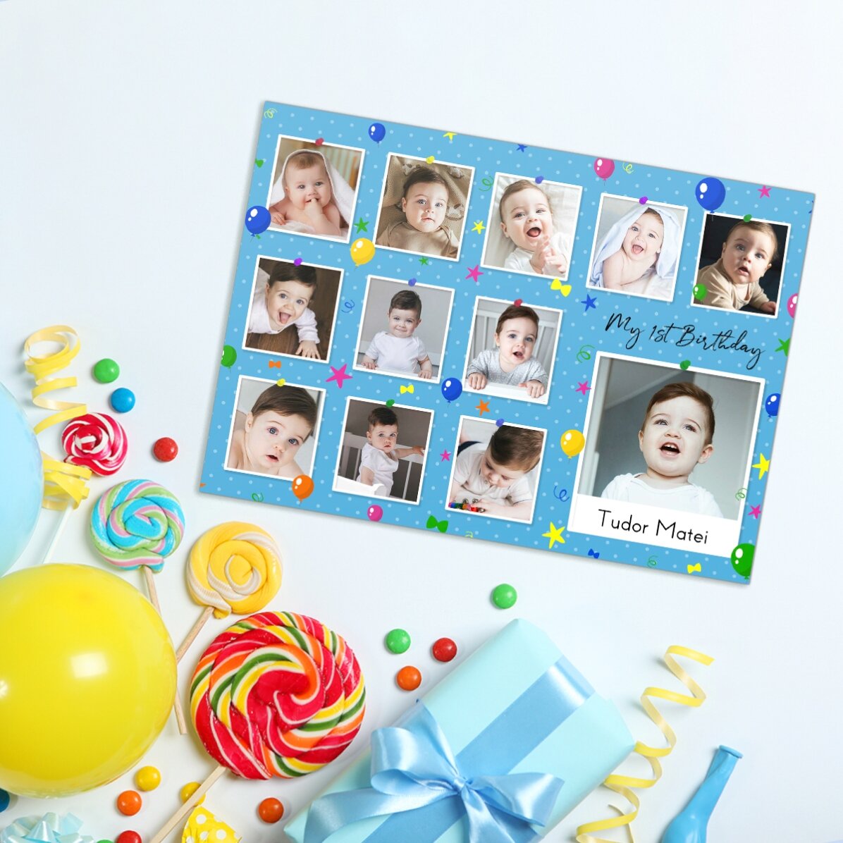 Individuell gestalteter Magnet (18 x 13 cm) mit Fotos und Text – Mein erster Geburtstag