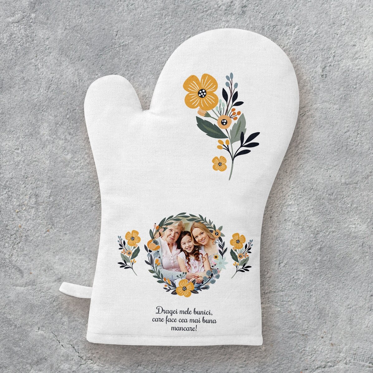 Personalisierte Küchenhandschuhe mit Foto und Text – Blumenmuster